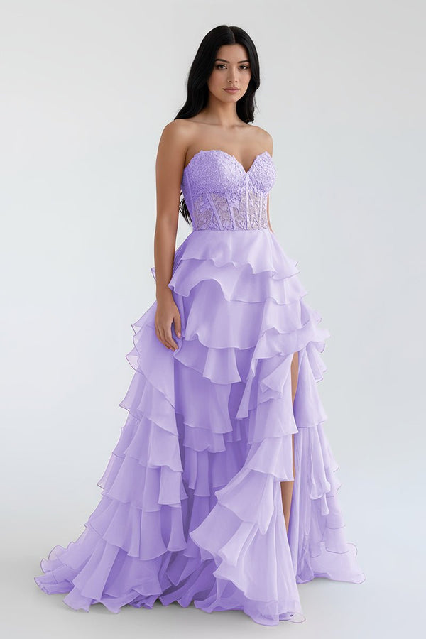 open lace back dress Royal Blue Chiffon Sweetheart Ruffle Tiered Long Prom Dress