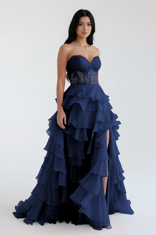 Royal Blue Chiffon Sweetheart Ruffle Tiered Long Prom Dress, Navy Blue / 4