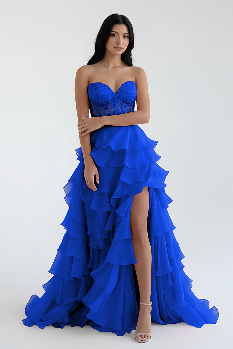Alondra | Royal Blue Chiffon Sweetheart Ruffle Tiered Long Prom Dress - KissProm