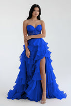 Alondra | Royal Blue Chiffon Sweetheart Ruffle Tiered Long Prom Dress - KissProm