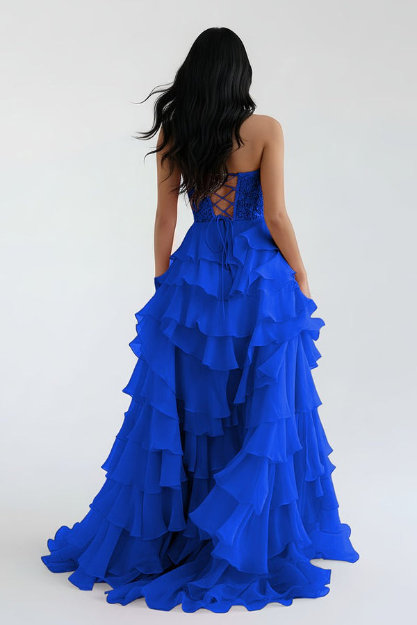 Royal Blue Chiffon Sweetheart Ruffle Tiered Long Prom Dress – Prom Dress by Kissprom | Available at KissProm