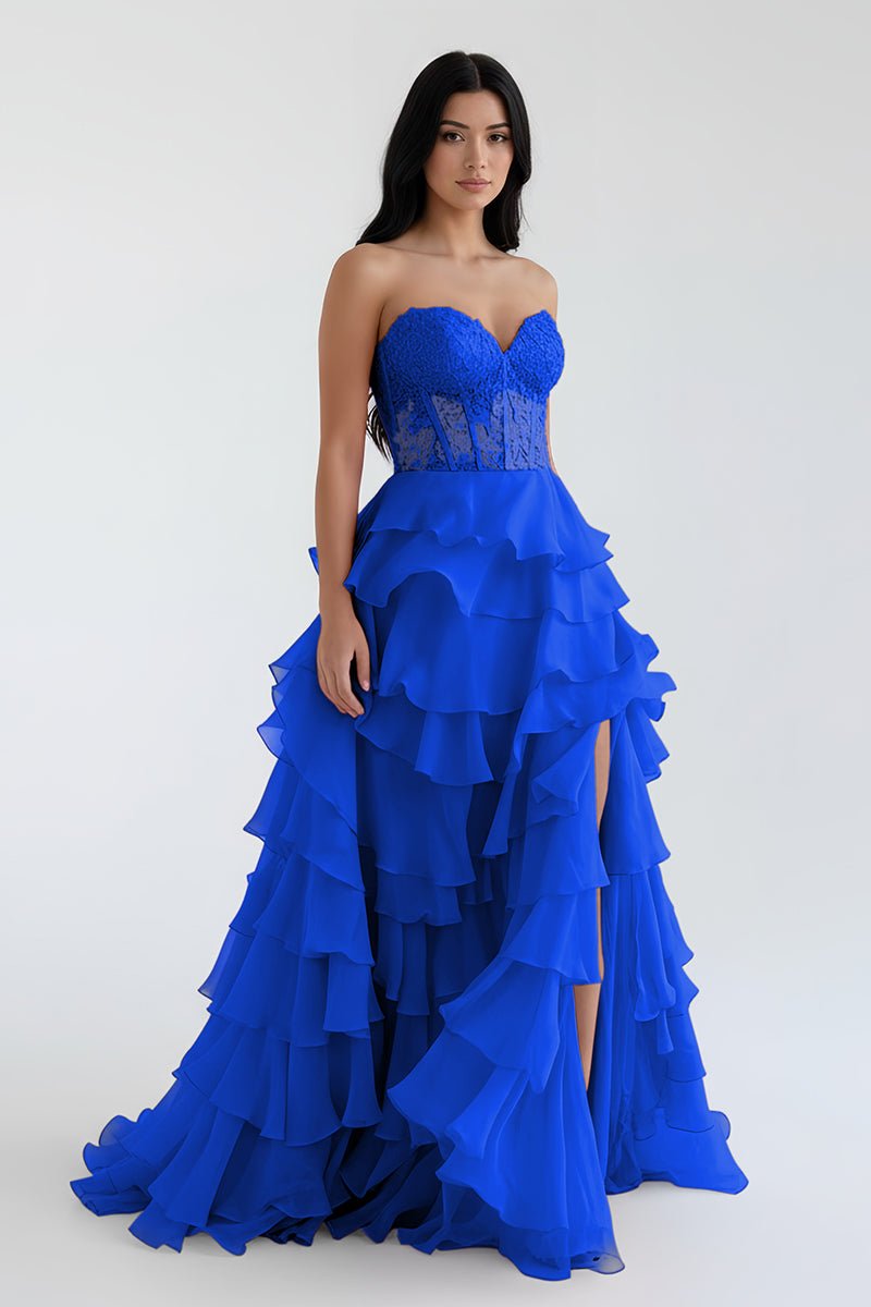 Alondra | Royal Blue Chiffon Sweetheart Ruffle Tiered Long Prom Dress - KissProm