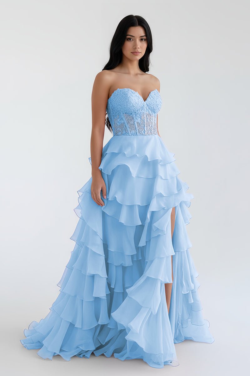 Alondra | Royal Blue Chiffon Sweetheart Ruffle Tiered Long Prom Dress - KissProm