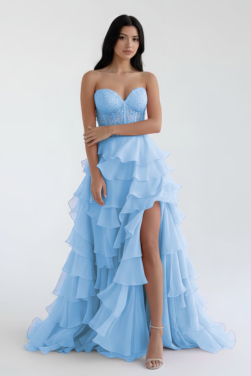 KissProm Royal Blue Chiffon Sweetheart Ruffle Tiered Long Prom Dress, Aqua / 14