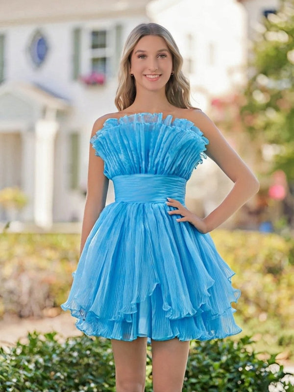 Blue A-Line Strapless Pleated Short Tiered Homecoming Dress - KissProm