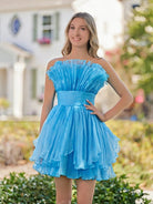 Amaia | Blue A - Line Strapless Pleated Short Tiered Homecoming Dress - KissProm