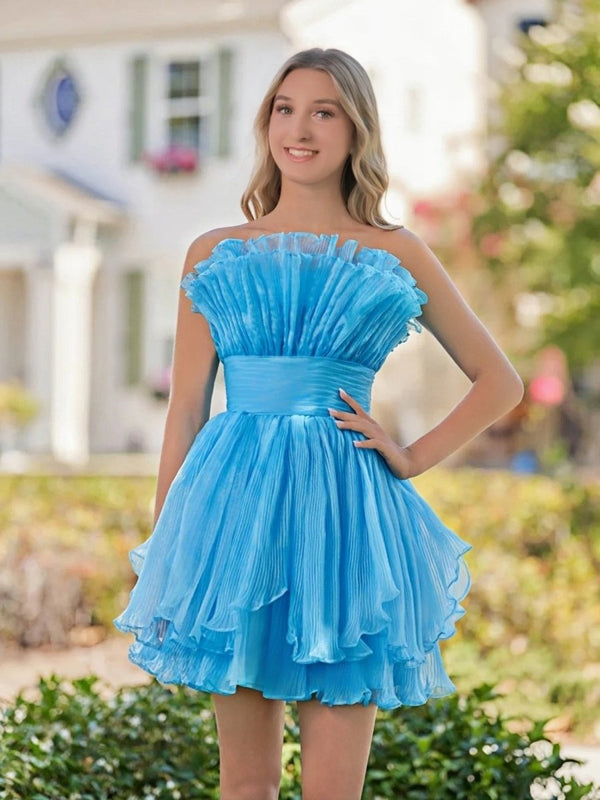 Blue A-Line Strapless Pleated Short Tiered Homecoming Dress - KissProm