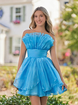 Blue A-Line Strapless Pleated Short Tiered Homecoming Dress - KissProm