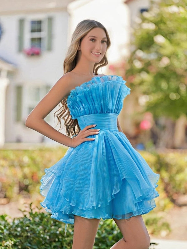 Blue A-Line Strapless Pleated Short Tiered Homecoming Dress - KissProm