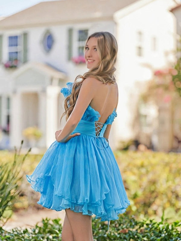 Blue A-Line Strapless Pleated Short Tiered Homecoming Dress - KissProm