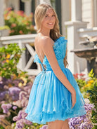 Amaia | Blue A - Line Strapless Pleated Short Tiered Homecoming Dress - KissProm
