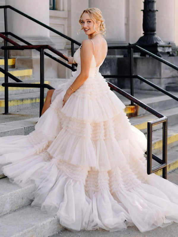 Amanda| A - Line Spaghetti Straps Long Tiered Tulle Prom Dress With Split - KissProm