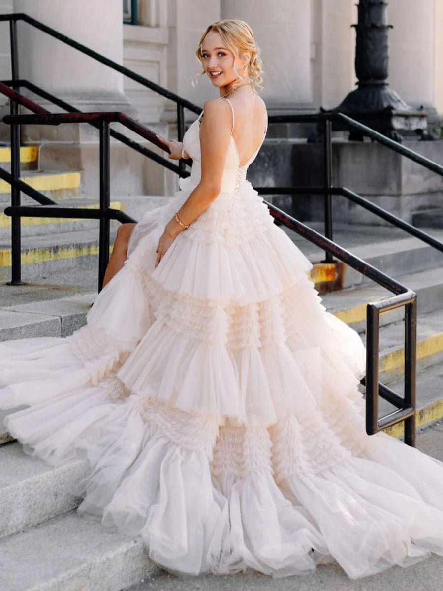 Amanda| A - Line Spaghetti Straps Long Tiered Tulle Prom Dress With Split - KissProm
