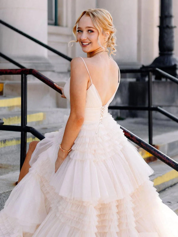 A-Line Spaghetti Straps Long Tiered Tulle Prom Dress With Split A-Line Spaghetti Straps Long Tiered Tulle Prom Dress With Split