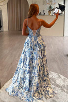 Amandra | Blue - Spaghetti Straps A Line Floral Chiffon Ruffled Prom Dresses With Slit - KissProm