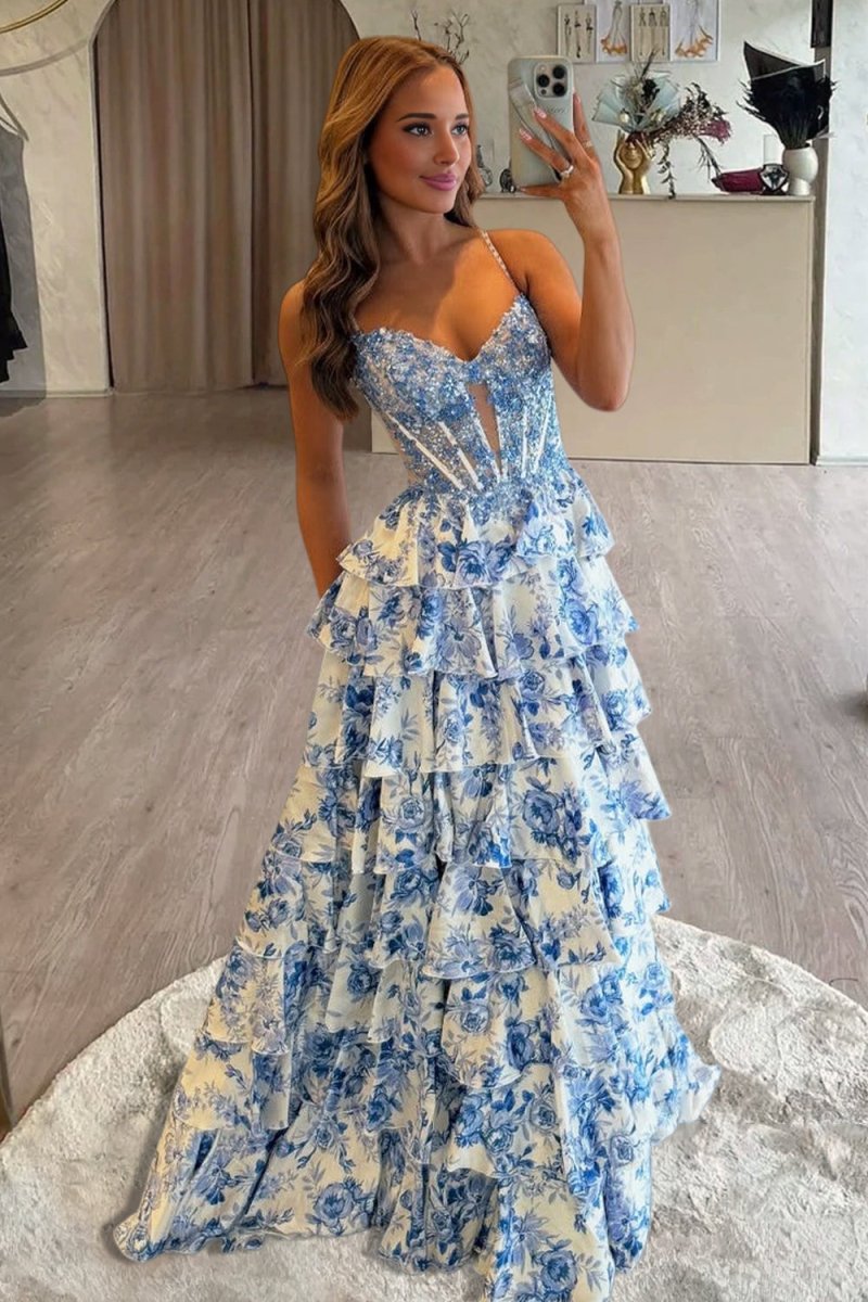 Amandra | Blue - Spaghetti Straps A Line Floral Chiffon Ruffled Prom Dresses With Slit - KissProm