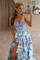 Amandra | Blue - Spaghetti Straps A Line Floral Chiffon Ruffled Prom Dresses With Slit - KissProm