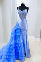 Amelira | Periwinkle - Spaghetti Straps Mermaid Satin Beaded Prom Dresses With Ruffled Train - KissProm