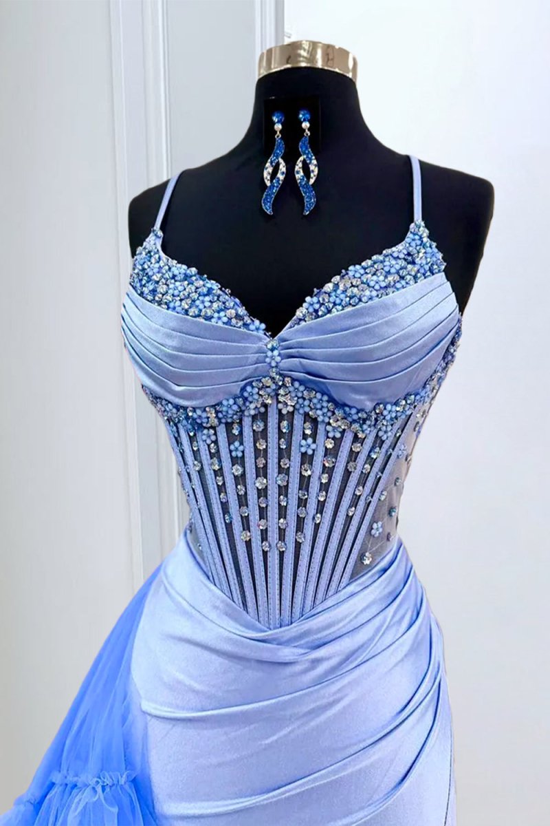 Amelira | Periwinkle - Spaghetti Straps Mermaid Satin Beaded Prom Dresses With Ruffled Train - KissProm
