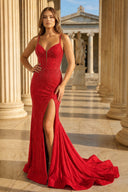 Mermaid Satin Beaded Red Prom Dress with Slit - KissProm
