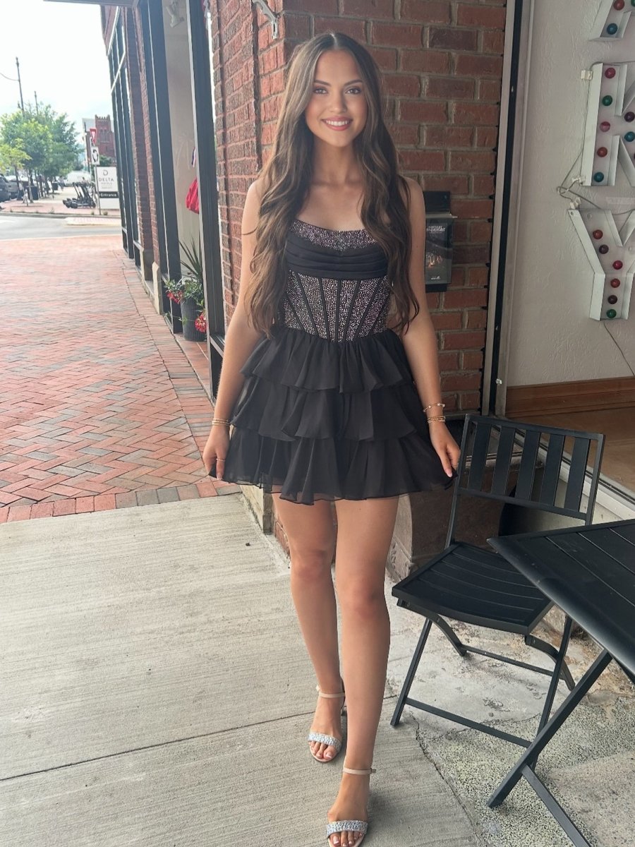 Amica | Black - Strapless A Line Chiffon Beaded Homecoming Dress With Ruffles