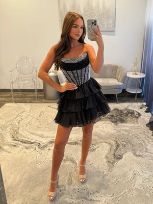 Amica | Black - Strapless A Line Chiffon Beaded Homecoming Dress With Ruffles