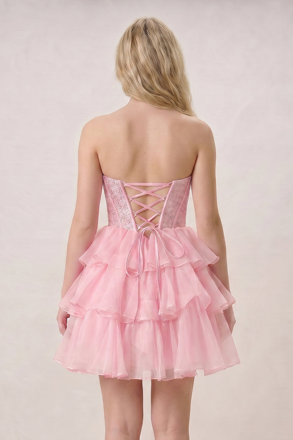 Amica | Pink - Strapless A Line Chiffon Beaded Homecoming Dress With Ruffles