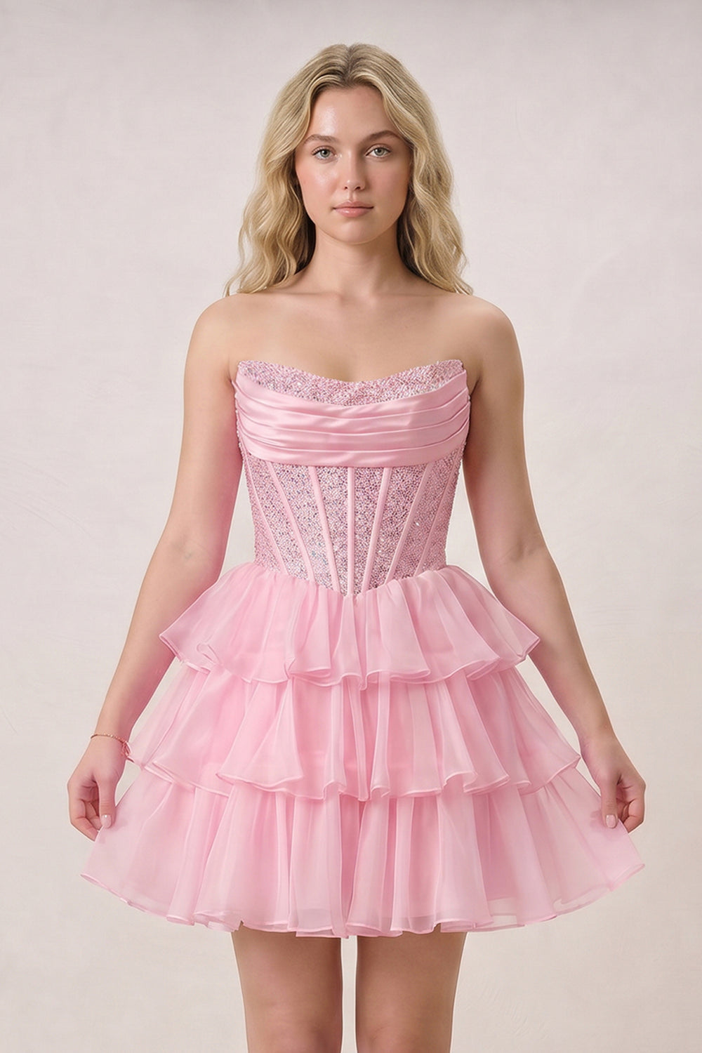 Amica | Pink - Strapless A Line Chiffon Beaded Homecoming Dress With Ruffles