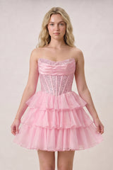 Amica | Pink - Strapless A Line Chiffon Beaded Homecoming Dress With Ruffles