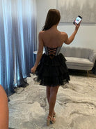 Amica | Black - Strapless A Line Chiffon Beaded Homecoming Dress With Ruffles