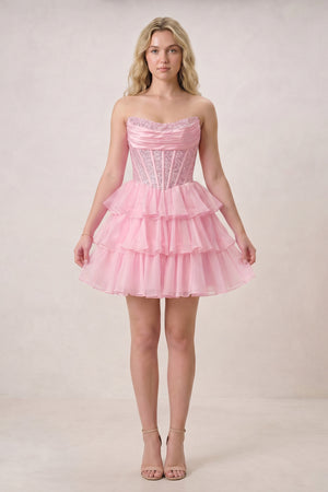 Amica | Pink - Strapless A Line Chiffon Beaded Homecoming Dress With Ruffles