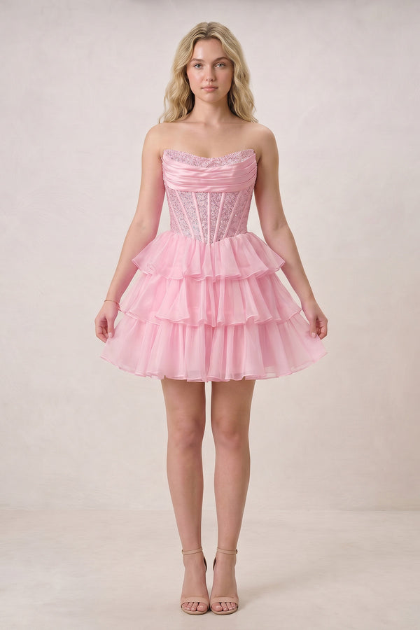 Amica | Pink - Strapless A Line Chiffon Beaded Homecoming Dress With Ruffles