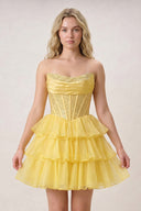Amica | Yellow - Strapless A Line Chiffon Beaded Homecoming Dress With Ruffles