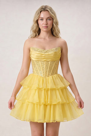 Amica | Yellow - Strapless A Line Chiffon Beaded Homecoming Dress With Ruffles