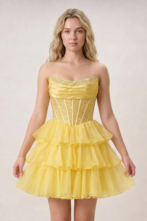 Amica | Yellow - Strapless A Line Chiffon Beaded Homecoming Dress With Ruffles