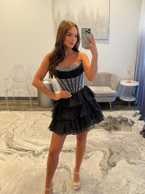 Amica | Black - Strapless A Line Chiffon Beaded Homecoming Dress With Ruffles