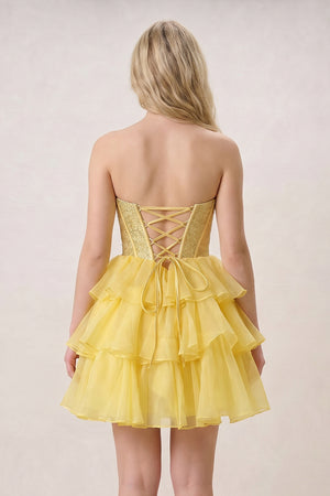 Amica | Yellow - Strapless A Line Chiffon Beaded Homecoming Dress With Ruffles