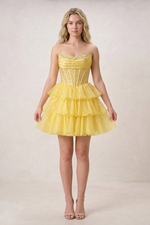 Amica | Yellow - Strapless A Line Chiffon Beaded Homecoming Dress With Ruffles