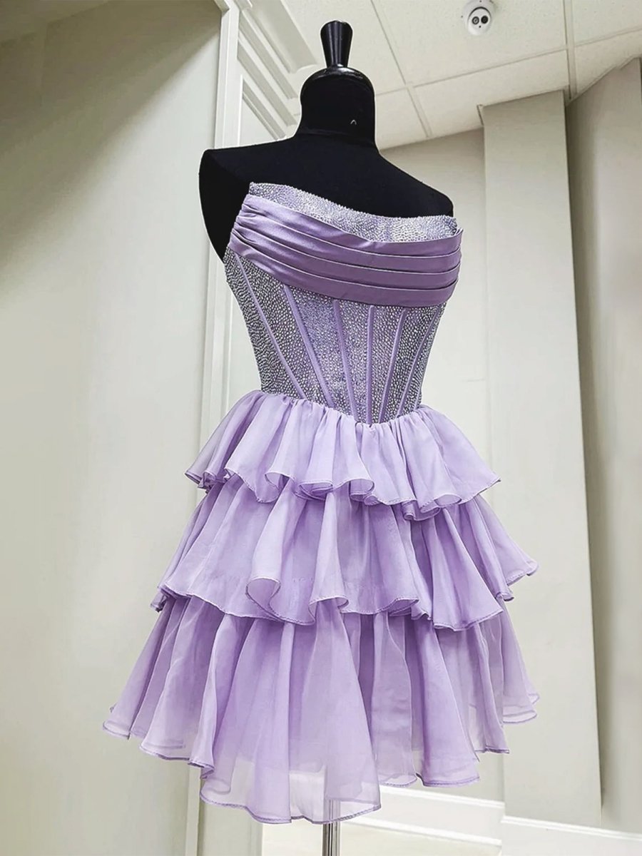 Amica | Lilac - Strapless A Line Chiffon Beaded Homecoming Dress With Ruffles