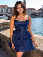 Amica | Navy Blue - Strapless A Line Chiffon Beaded Homecoming Dress With Ruffles - KissProm