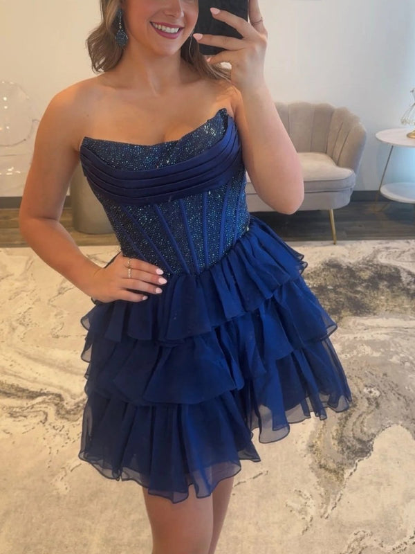 Amica | Navy Blue - Strapless A Line Chiffon Beaded Homecoming Dress With Ruffles
