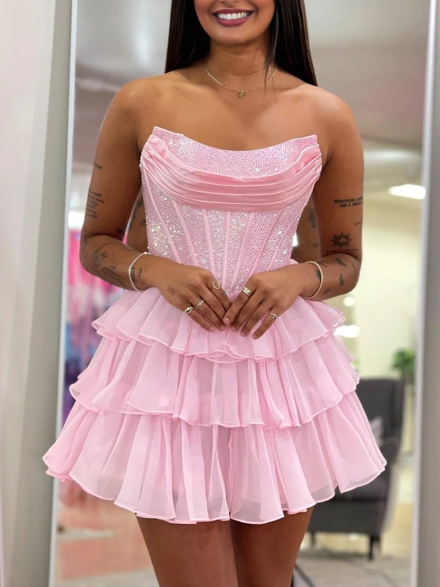 Amica | Pink - Strapless A Line Chiffon Beaded Homecoming Dress With Ruffles