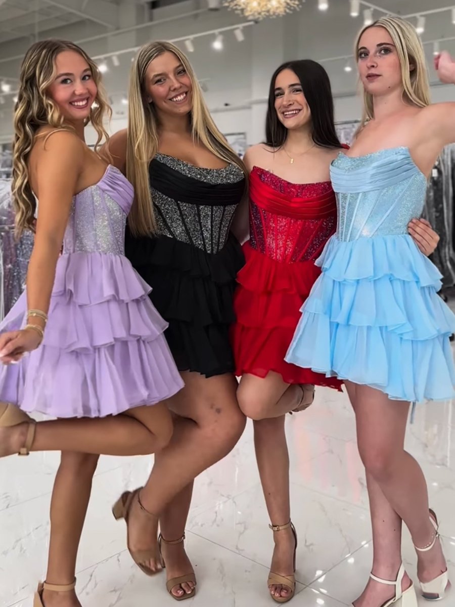 Amica | Lilac - Strapless A Line Chiffon Beaded Homecoming Dress With Ruffles