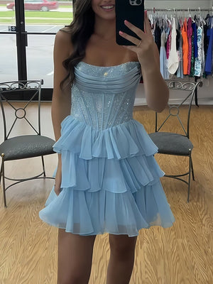 Amica | Sky Blue - Strapless A Line Chiffon Beaded Homecoming Dress With Ruffles