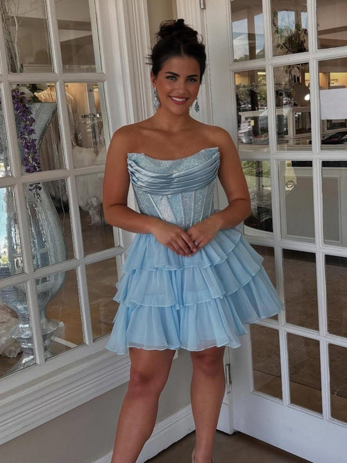 Amica | Sky Blue - Strapless A Line Chiffon Beaded Homecoming Dress With Ruffles