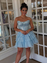 Amica | Sky Blue - Strapless A Line Chiffon Beaded Homecoming Dress With Ruffles