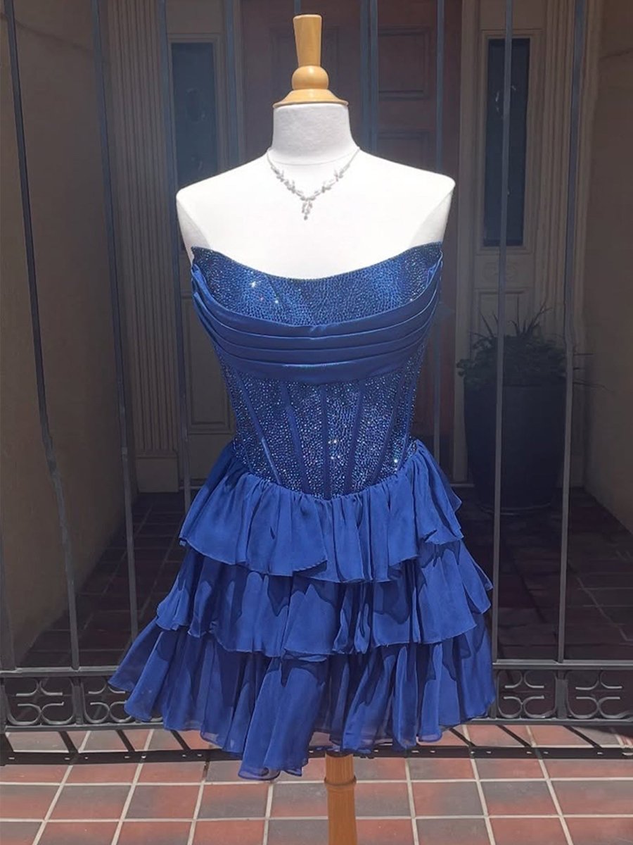Navy Blue - Strapless A Line Chiffon Beaded Homecoming Dress With Ruffles – Homecoming Dress by KissProm | Available at KissProm