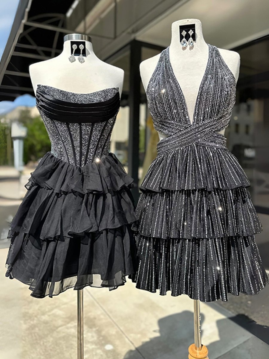 Amica | Black - Strapless A Line Chiffon Beaded Homecoming Dress With Ruffles