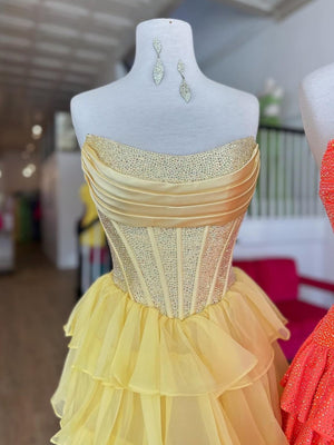 Amica | Yellow - Strapless A Line Chiffon Beaded Homecoming Dress With Ruffles