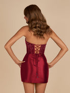 Amine | Burgundy - Bodycon Strapless Satin Corset Homecoming Dresses With Beads